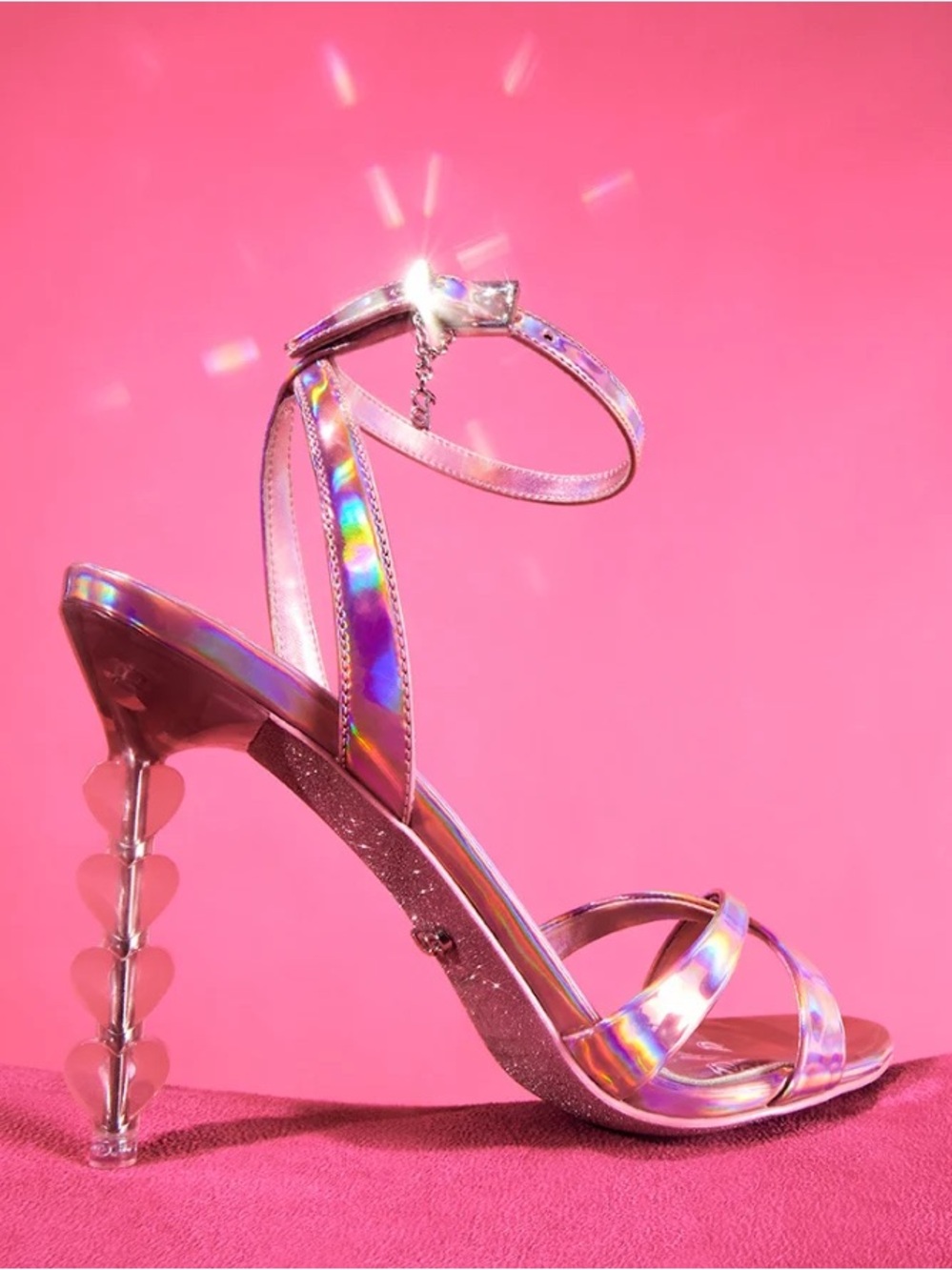 BARBIE x Aldo Pink Holographic Strappy Heel with Heart-Shaped Stacked Heel